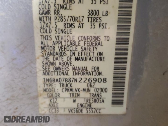 2007 Nissan Titan SE z VIN 1N6BA07B87N226908, wystawiony jako Copart lot #86951184 z przebiegiem 233 741 mil mil oraz Szkoda całkowita • Salvage title. Historia ofert i sprzedaży dostępna na DreamBid. Obrazek 15.