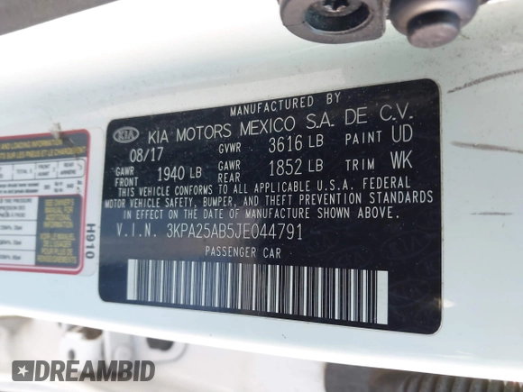 2018 Kia Rio LX with VIN 3KPA25AB5JE044791, listed as a IAAI auction lot 41601913 with 106,440 mi miles and . Bid and sale history available at DreamBid. Image 9.