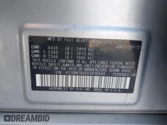2013 Subaru Legacy Premium with VIN 4S3BMCB66D3016546, listed as a IAAI auction lot 41583007 with 161,853 mi miles and . Bid and sale history available at DreamBid. Image 9.
