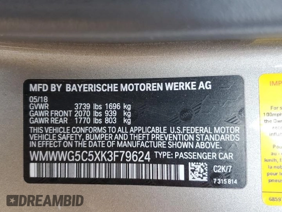 2019 MINI Convertible Cooper с VIN WMWWG5C5XK3F79624, выставлен на аукционе Copart как лот 42047405 с пробегом 52 977 миль миль и Списание • Salvage title. История ставок и продаж доступна на DreamBid. Изображение 12.