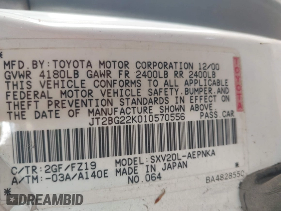 2001 Toyota Camry CE with VIN JT2BG22K010570556, listed as a IAAI auction lot 42458031 with 357,046 mi miles and . Bid and sale history available at DreamBid. Image 9.