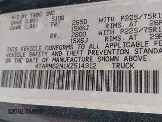 1999 Toyota Tacoma with VIN 4TAPM62N1XZ514312, listed as a IAAI auction lot 42168096 with Not Provided miles and . Bid and sale history available at DreamBid. Image 9.