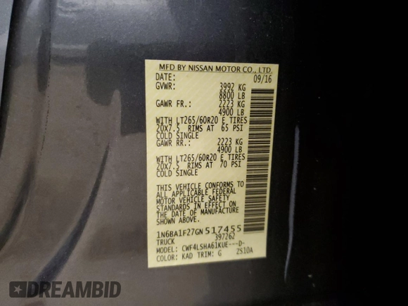 2016 Nissan Titan Platinum Reserve z VIN 1N6BA1F27GN517455, wystawiony jako Copart lot #51257125 z przebiegiem 156 675 mil mil oraz Czysty tytuł • Clean title. Historia ofert i sprzedaży dostępna na DreamBid. Obrazek 12.