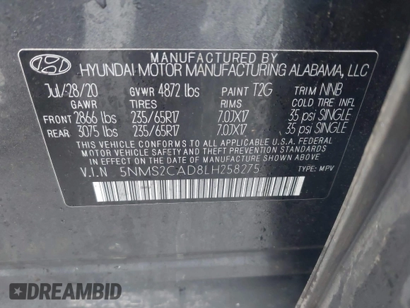 2020 Hyundai Santa Fe SE with VIN 5NMS2CAD8LH258275, listed as a IAAI auction lot 41912687 with 80,467 mi miles and . Bid and sale history available at DreamBid. Image 9.