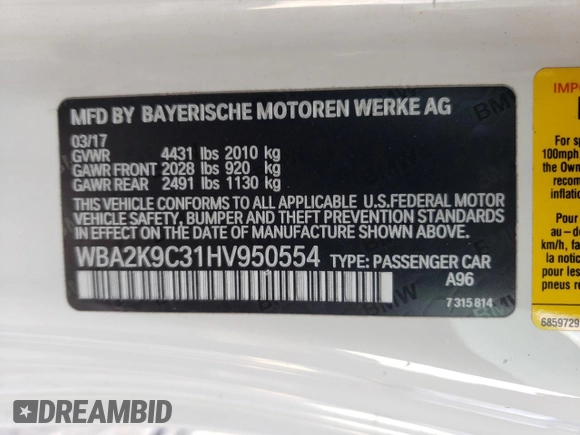 2017 BMW 2 Series 230i with VIN WBA2K9C31HV950554, listed as a Copart auction lot 44006705 with Not provided miles and Salvage title. Bid and sale history available at DreamBid. Image 12.