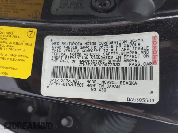 2002 Lexus ES 300 with VIN JTHBF30G820073933, listed as a IAAI auction lot 41794019 with 216,028 mi miles and . Bid and sale history available at DreamBid. Image 9.