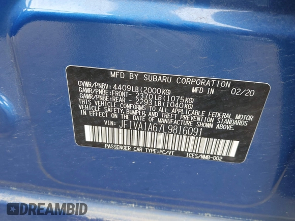2020 Subaru WRX with VIN JF1VA1A67L9816091, listed as a IAAI auction lot 42255210 with 122,363 mi miles and . Bid and sale history available at DreamBid. Image 9.