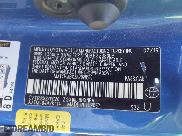 2019 Toyota C-HR XLE with VIN NMTKHMBX3KR098510, listed as a IAAI auction lot 41289899 with 112,981 mi miles. Bid and sale history available at carsss.com. Image 9.