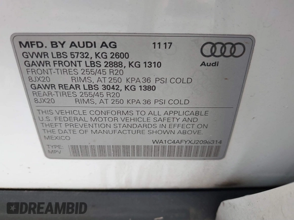 2018 Audi SQ5 Prestige with VIN WA1C4AFYXJ2098314, listed as a IAAI auction lot 41654163 with 62,503 mi miles and . Bid and sale history available at DreamBid. Image 9.