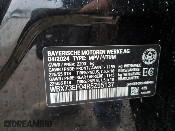 2024 BMW X1 xDrive28i with VIN WBX73EF04R5Z55137, listed as a Copart auction lot 53618405 with 5,160 mi miles and Clean title. Bid and sale history available at DreamBid. Image 13.
