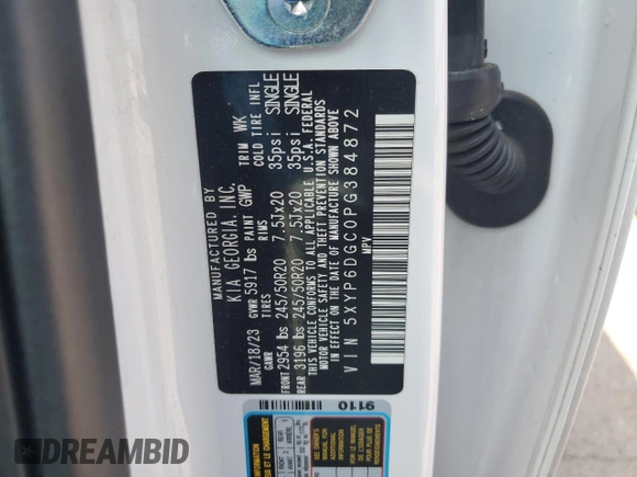2023 Kia Telluride S with VIN 5XYP6DGC0PG384872, listed as a Copart auction lot 54167555 with 20,324 mi miles and Salvage title. Bid and sale history available at DreamBid. Image 14.