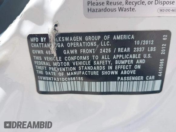2013 Volkswagen Passat SE with VIN 1VWBN7A31DC056185, listed as a IAAI auction lot 42466848 with 95,484 mi miles and . Bid and sale history available at DreamBid. Image 9.