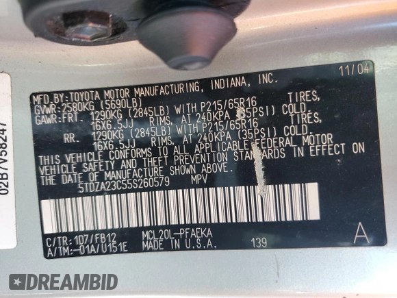 2005 Toyota Sienna CE with VIN 5TDZA23C55S260579, listed as a Copart auction lot 50317865 with 161,909 mi miles and Salvage Title. Bid and sale history available at DreamBid. Image 13.