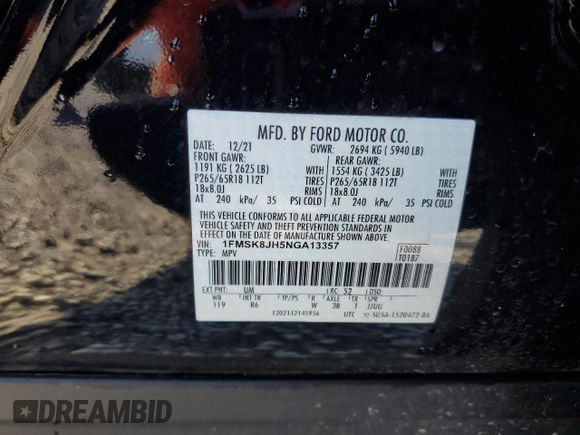 2022 Ford Explorer Timberline with VIN 1FMSK8JH5NGA13357, listed as a Copart auction lot 82350884 with 0 mi miles and Non Repairable. Bid and sale history available at carsss.com. Image 14.
