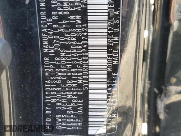 2016 Toyota Corolla L with VIN 5YFBURHE0GP497424, listed as a Copart auction lot 88991465 with 106,775 mi miles and Salvage Title. Bid and sale history available at DreamBid. Image 14.