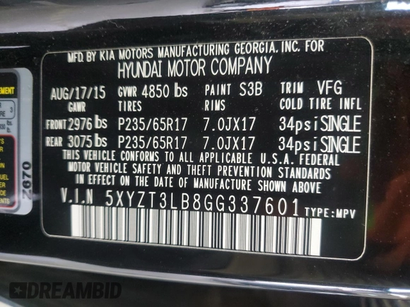 2016 Hyundai Santa Fe z VIN 5XYZT3LB8GG337601, wystawiony jako Copart lot #56130385 z przebiegiem Nie podano mil oraz Szkoda całkowita • Salvage title. Historia ofert i sprzedaży dostępna na DreamBid. Obrazek 12.