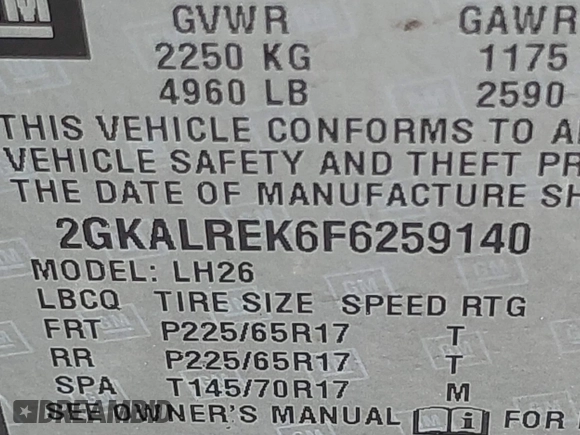 2015 GMC Terrain SLE with VIN 2GKALREK6F6259140, listed as a IAAI auction lot 42112902 with 129,404 mi miles. Bid and sale history available at carsss.com. Image 9.