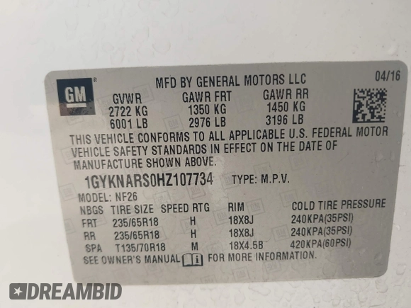 2017 Cadillac XT5 FWD with VIN 1GYKNARS0HZ107734, listed as a IAAI auction lot 41882031 with 89,397 mi miles. Bid and sale history available at carsss.com. Image 9.