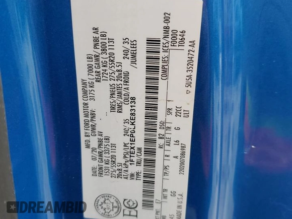 2020 Ford F-150 XL with VIN 1FTEX1EP0LKE83138, listed as a Copart auction lot 47927875 with 97,437 mi miles and Salvage Title. Bid and sale history available at DreamBid. Image 12.