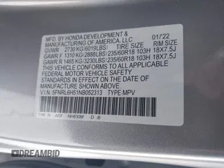 2022 Honda Odyssey EX with VIN 5FNRL6H51NB052313, listed as a IAAI auction lot 41544931 with 38,057 mi miles and . Bid and sale history available at DreamBid. Image 9.