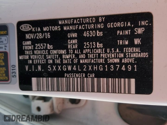 2017 Kia Optima SX with VIN 5XXGW4L2XHG137491, listed as a Copart auction lot 42572805 with 104,323 mi miles and Salvage title. Bid and sale history available at DreamBid. Image 12.