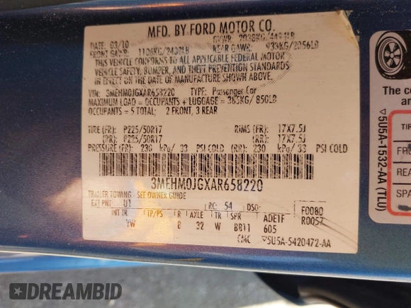 2010 Mercury Milan Premier with VIN 3MEHM0JGXAR658220, listed as a IAAI auction lot 42045076 with 222,158 mi miles and . Bid and sale history available at DreamBid. Image 9.