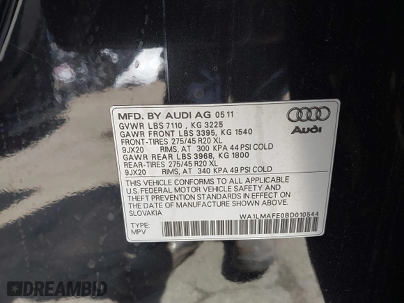 2011 Audi Q7 3.0L TDI Premium Plus with VIN WA1LMAFE0BD010544, listed as a IAAI auction lot 42017211 with 121,644 mi miles. Bid and sale history available at carsss.com. Image 9.