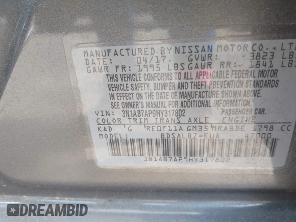 2017 Nissan Sentra S with VIN 3N1AB7AP9HY317802, listed as a IAAI auction lot 42251859 with Not Provided miles and . Bid and sale history available at DreamBid. Image 9.