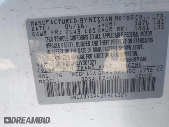 2018 Nissan Sentra S with VIN 3N1AB7AP4JY301321, listed as a IAAI auction lot 41583987 with Not Provided miles and . Bid and sale history available at DreamBid. Image 9.