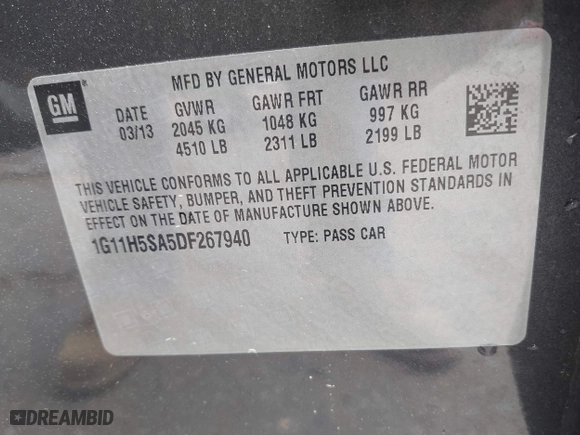 2013 Chevrolet Malibu LTZ with VIN 1G11H5SA5DF267940, listed as a IAAI auction lot 41854067 with 159,946 mi miles. Bid and sale history available at carsss.com. Image 9.