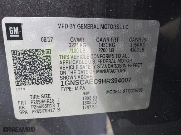 2017 Chevrolet Tahoe LS with VIN 1GNSCAEC9HR394007, listed as a IAAI auction lot 41744604 with 67,802 mi miles. Bid and sale history available at carsss.com. Image 9.