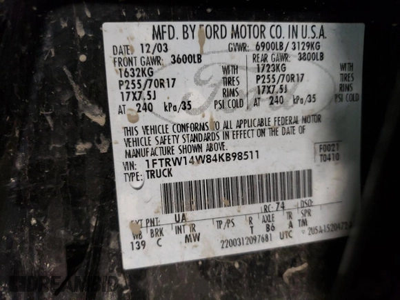 2004 Ford F-150 XLT with VIN 1FTRW14W84KB98511, listed as a Copart auction lot 42092095 with 200,618 mi miles and Salvage Title. Bid and sale history available at carsss.com. Image 12.