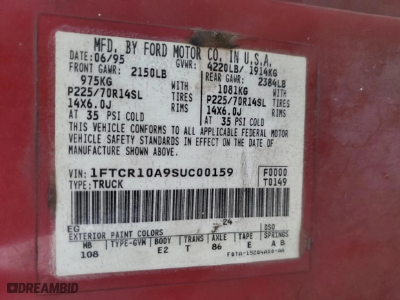 1995 Ford Ranger Splash with VIN 1FTCR10A9SUC00159, listed as a Copart auction lot 88909235 with 133,184 mi miles and Salvage Title. Bid and sale history available at carsss.com. Image 13.