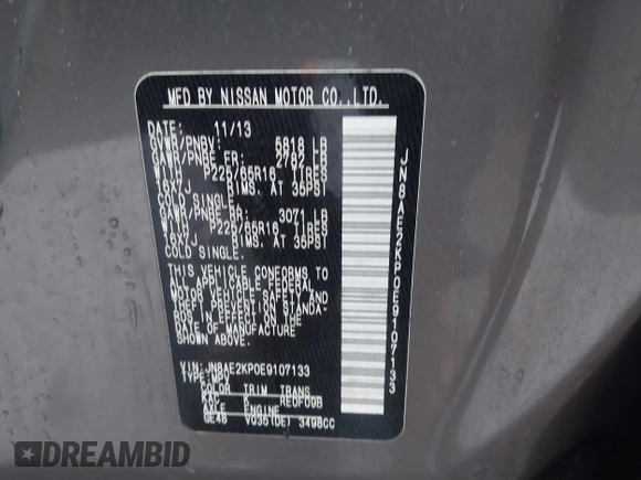 2014 Nissan Quest S with VIN JN8AE2KP0E9107133, listed as a IAAI auction lot 41561516 with 227,656 mi miles and . Bid and sale history available at DreamBid. Image 9.