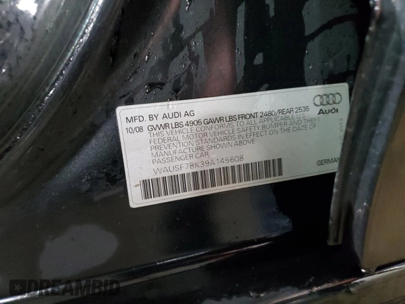 2009 Audi A4 Premium Plus with VIN WAUSF78K39A145608, listed as a Copart auction lot 53444015 with 155,982 mi miles and Salvage title. Bid and sale history available at DreamBid. Image 12.