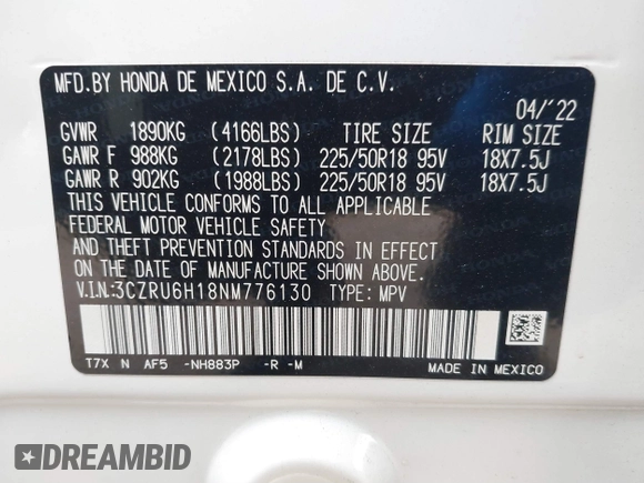 2022 Honda HR-V Sport with VIN 3CZRU6H18NM776130, listed as a IAAI auction lot 41894467 with 12,731 mi miles and . Bid and sale history available at carsss.com. Image 9.
