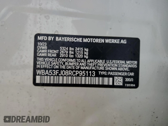 2024 BMW 5 Series 530i xDrive с VIN WBA53FJ08RCP95113, выставлен на аукционе Copart как лот 51793015 с пробегом Не указан миль и Списание • Salvage title. История ставок и продаж доступна на DreamBid. Изображение 13.