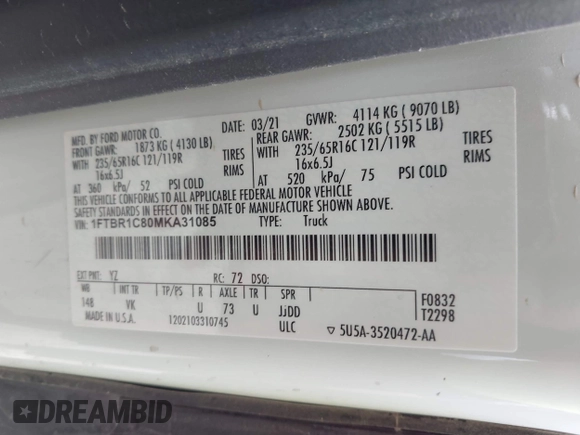 2021 Ford Transit Cargo with VIN 1FTBR1C80MKA31085, listed as a IAAI auction lot 42156172 with 41,076 mi miles and . Bid and sale history available at DreamBid. Image 9.