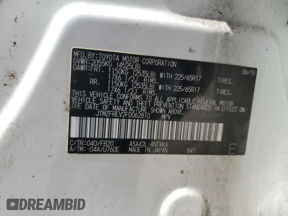 2015 Toyota RAV4 LE with VIN JTMZFREV2FD062810, listed as a Copart auction lot 66313675 with 70,774 mi miles and Clean title. Bid and sale history available at DreamBid. Image 13.