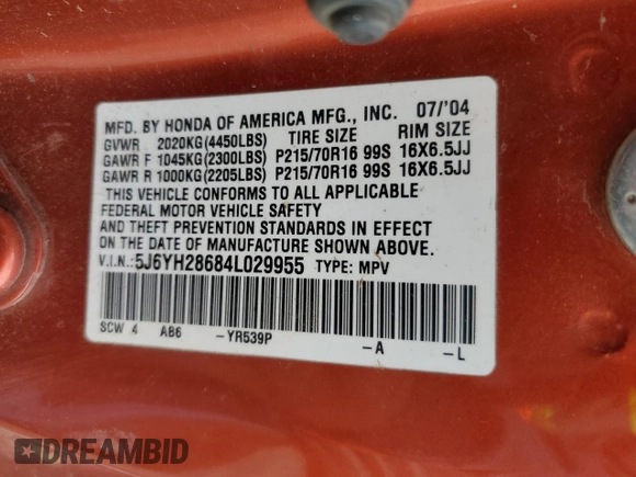 2004 Honda Element EX with VIN 5J6YH28684L029955, listed as a Copart auction lot 51153595 with 306,027 mi miles and Salvage title. Bid and sale history available at DreamBid. Image 13.