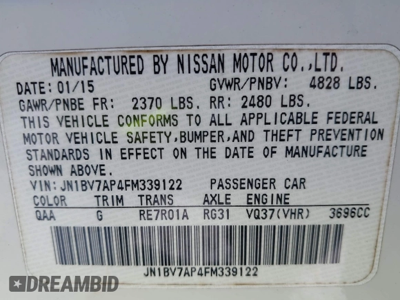2015 Infiniti Q50 Sport with VIN JN1BV7AP4FM339122, listed as a IAAI auction lot 42566531 with 117,613 mi miles and . Bid and sale history available at DreamBid. Image 9.