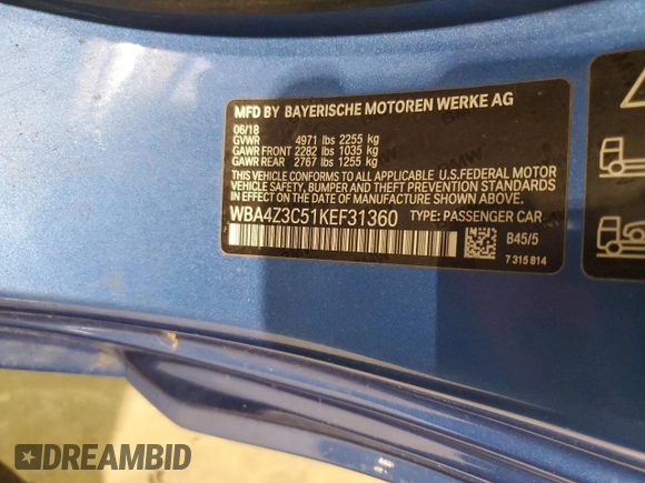 2019 BMW 4 Series 430i xDrive with VIN WBA4Z3C51KEF31360, listed as a Copart auction lot 52500085 with 55,753 mi miles and Salvage title. Bid and sale history available at DreamBid. Image 12.