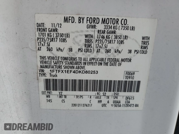 2013 Ford F-150 XL with VIN 1FTFX1EF4DKD80253, listed as a Copart auction lot 53323855 with 191,124 mi miles and Salvage Title. Bid and sale history available at carsss.com. Image 12.