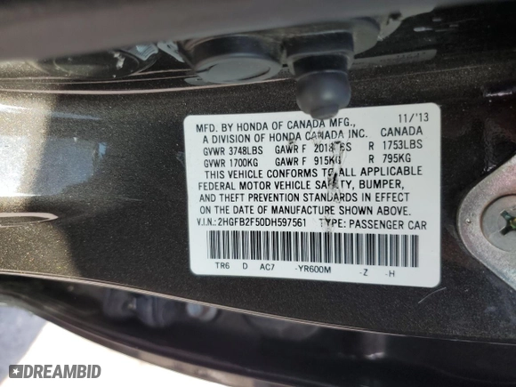 2013 Honda Civic Sdn LX with VIN 2HGFB2F50DH597561, listed as a Copart auction lot 50927385 with 142,034 mi miles and Salvage Title. Bid and sale history available at carsss.com. Image 12.