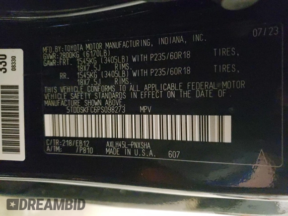 2023 Toyota Sienna XSE with VIN 5TDDSKFC6PS098273, listed as a Copart auction lot 52543255 with 27,091 mi miles and Salvage title. Bid and sale history available at DreamBid. Image 13.