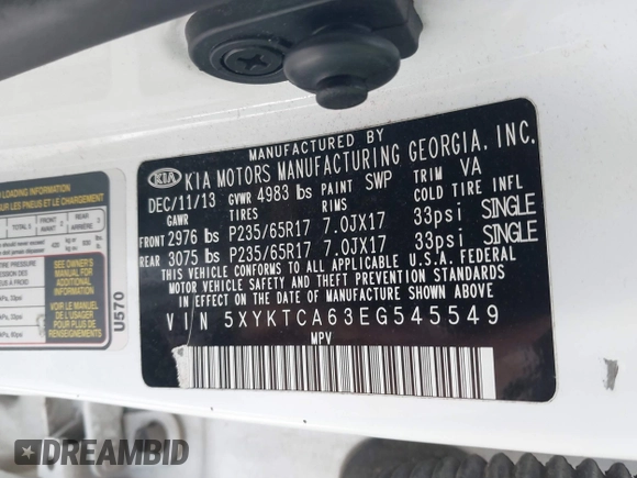2014 Kia Sorento LX with VIN 5XYKTCA63EG545549, listed as a IAAI auction lot 41841324 with 173,813 mi miles and . Bid and sale history available at carsss.com. Image 9.