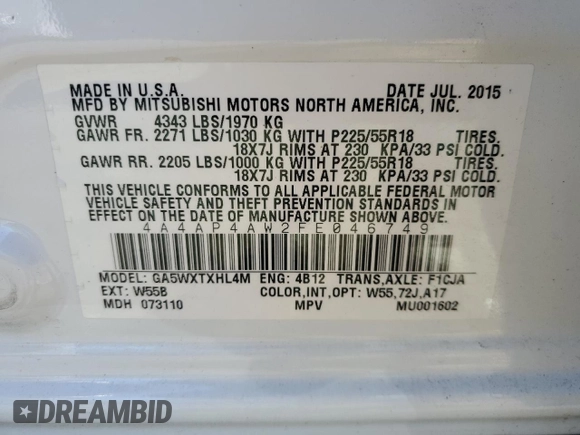 2015 Mitsubishi Outlander Sport 2.4 GT with VIN 4A4AP4AW2FE046749, listed as a Copart auction lot 76382764 with 103,583 mi miles and Salvage Title. Bid and sale history available at carsss.com. Image 12.