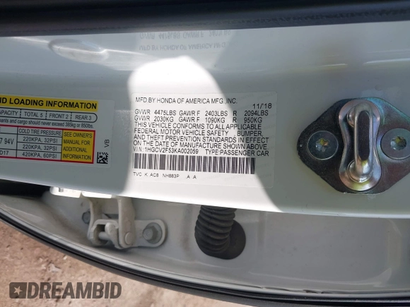 2019 Honda Accord EX-L with VIN 1HGCV2F53KA002059, listed as a IAAI auction lot 42049306 with 79,123 mi miles and . Bid and sale history available at DreamBid. Image 9.