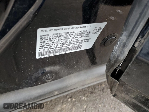 2019 Honda Pilot EX-L with VIN 5FNYF5H57KB020071, listed as a Copart auction lot 48979075 with 106,746 mi miles and Salvage Title. Bid and sale history available at DreamBid. Image 14.