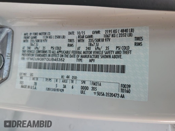 2016 Ford Escape SE z VIN 1FMCU9G97GUB45352, wystawiony jako Copart lot #60001055 z przebiegiem 93 685 mil mil oraz Szkoda całkowita • Salvage title. Historia ofert i sprzedaży dostępna na DreamBid. Obrazek 13.